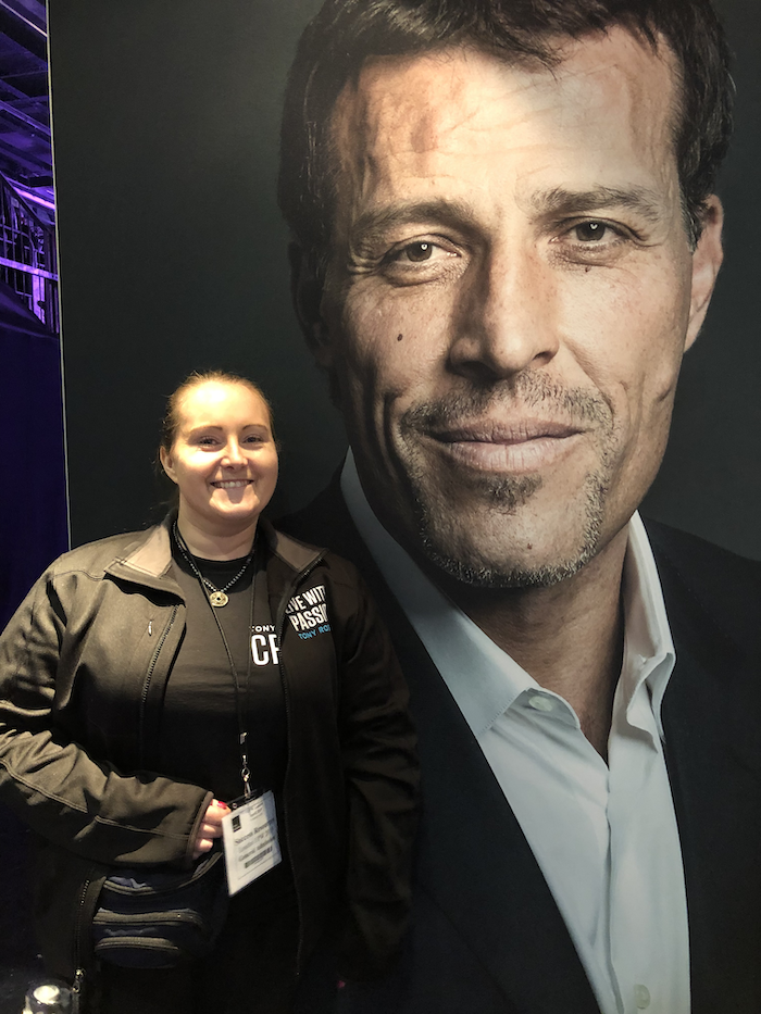 February to April Income and Profit Report, Corinna next to a picture of Tony Robbins