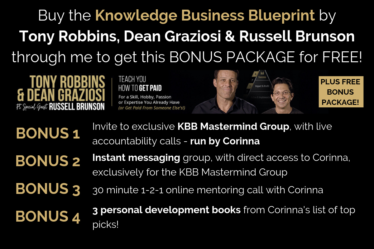 Image offering additional bonuses for the Knowledge Business Blueprint by Tony Robbins, Dean Graziosi and Russell Brunson