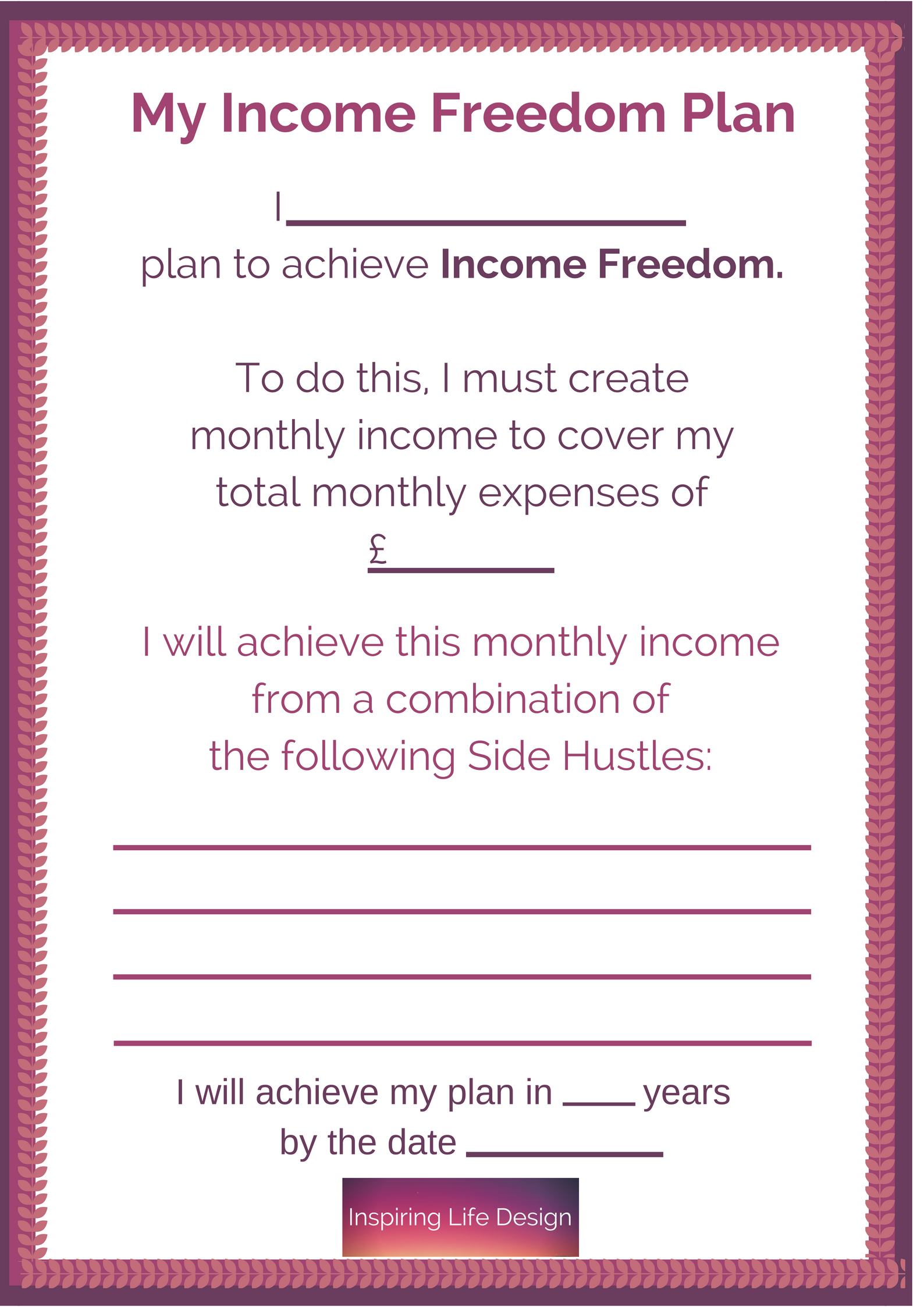 Printable For Wall For Pure Income Freedom Plan