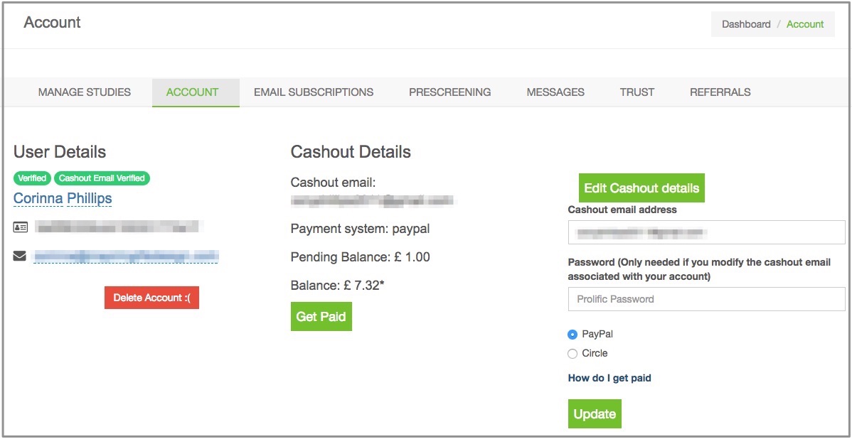 the Prolific dashboard