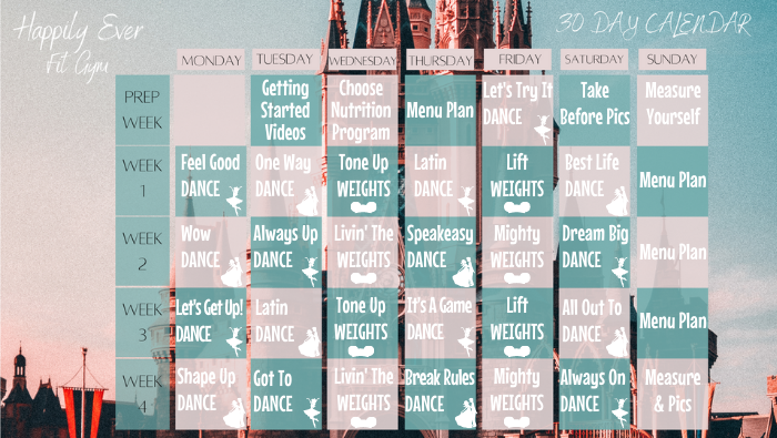 Happily Ever Fit Gym workout calendar